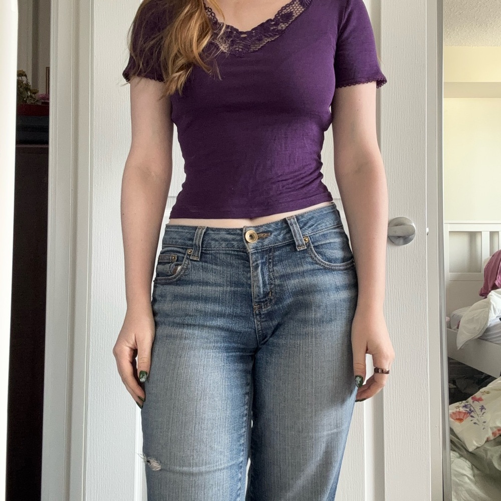 Women's Purple Lace-Trim Short Sleeve Tee - Drapey V-Neck